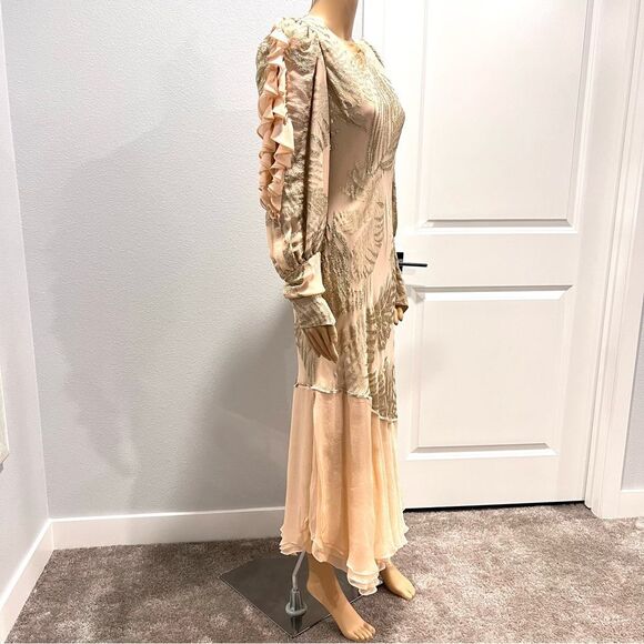 Judy Hornby Couture 1980s Ruffled 100% Silk Peach Dress Bias Cut Vintage Sz 14 - Picture 8 of 14